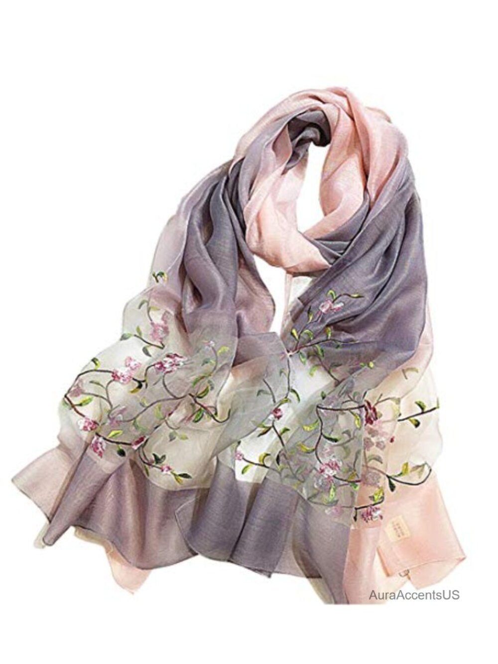Silk Wool Gradient Embroidered Shawl Scarf Headwrap Wrap
